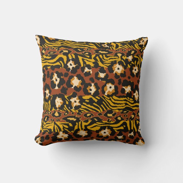 Wild animal leopard and tiger skins patchwork abst cushion (Front)