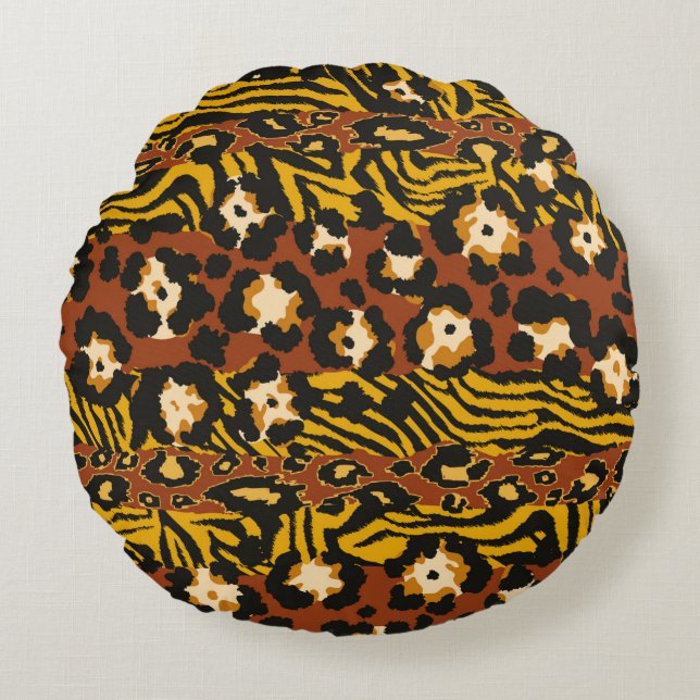Wild animal leopard and tiger skins patchwork abst round cushion (Front)