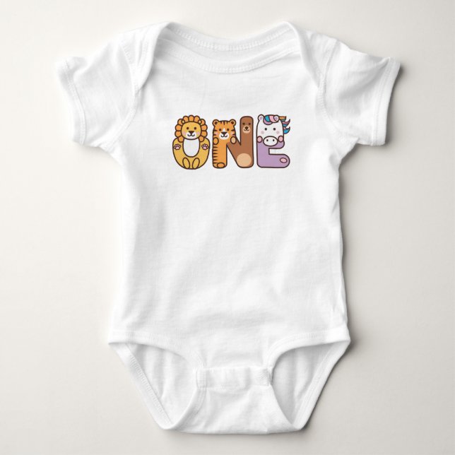 Wild Animal One 1st Birthday Baby T-Shirt Bodysuit (Front)