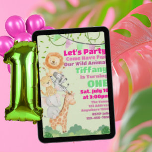 Wild Animal One, Stacked Animal Pink 1st Birthday Invitation