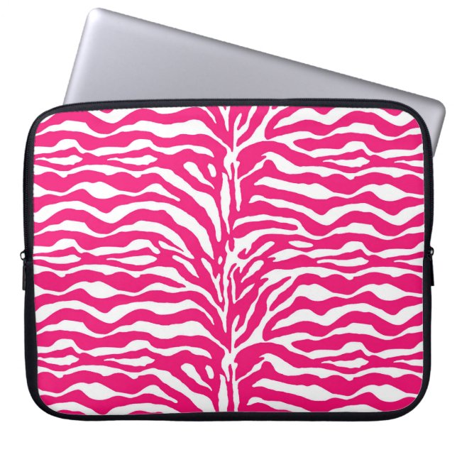 Wild Animal Print, Zebra in Fuchsia Pink and White Laptop Sleeve (Front)