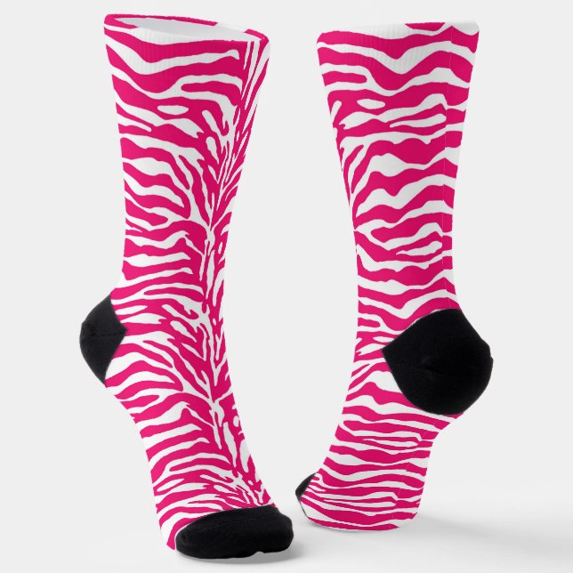 Wild Animal Print, Zebra in Fuchsia Pink and White Socks (Angled)