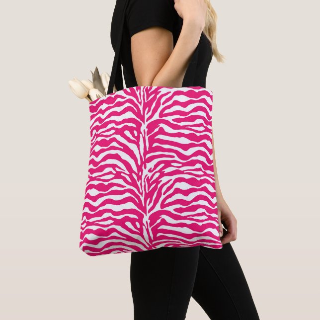 Wild Animal Print, Zebra in Fuchsia Pink and White Tote Bag (Close Up)