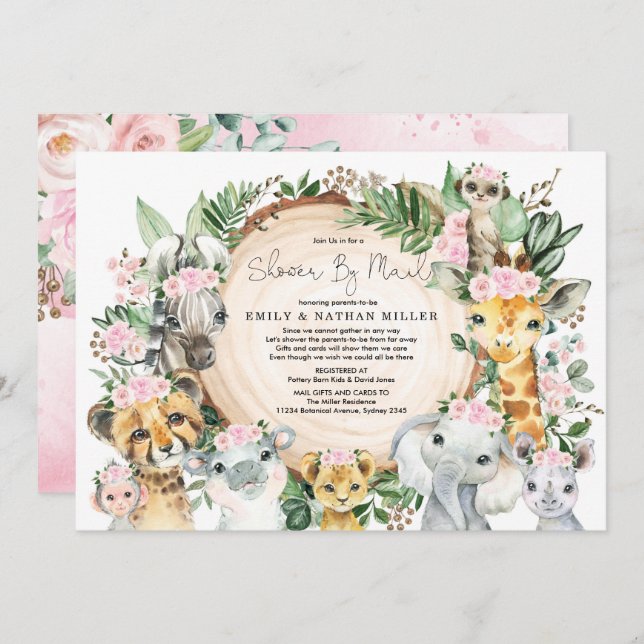 Wild Animal Safari Jungle Girl Baby Shower By Mail Invitation (Front/Back)