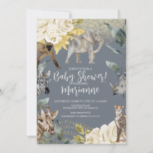 Wild Animals Baby Shower Glitter Dusty Blue Invitation