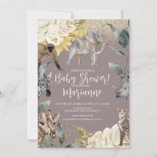 Wild Animals Baby Shower Glitter Dusty Pink Invitation