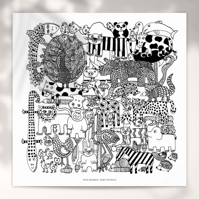 Wild Animals Black and White Drawing Art Print (Wild Animals Black and White Drawing Art Print)