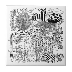 Wild Animals Black and White Hand Drawn Art Ceramic Tile