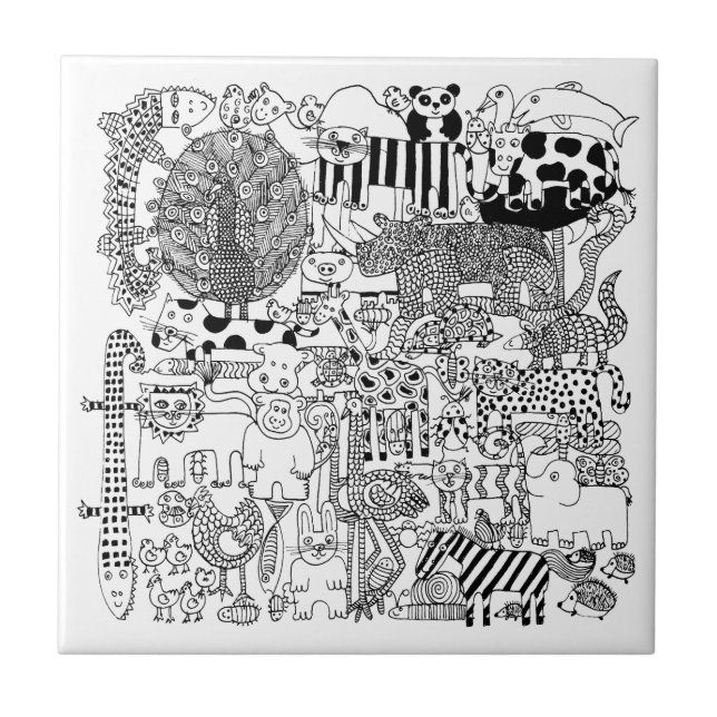 Wild Animals Black and White Hand Drawn Art Ceramic Tile (Front)
