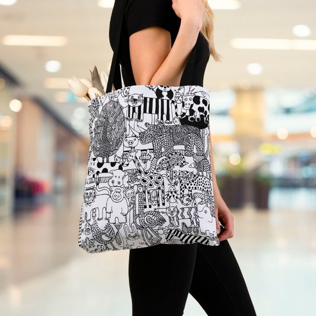 Wild Animals Black and White Hand Drawn Art Tote Bag (Creator Uploaded)