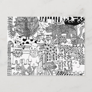 Wild Animals Black and White Illustration Postcard
