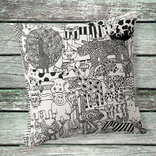 Wild Animals Black and White Safari Illustrative Cushion