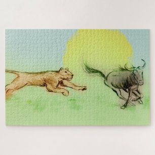 Wild Animals Chase in Nature - Lion & Buffalo Jigsaw Puzzle