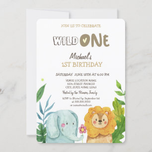 Wild Animals Elephant Lion Leaves 1st Birthday  Invitation