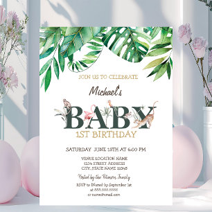 Wild Animals Greneery Leaves 1st Birthday Invitation