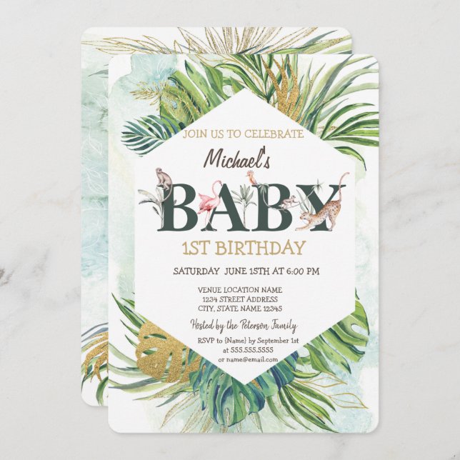Wild Animals Greneery Palm Leaves 1st Birthday  Invitation (Front/Back)