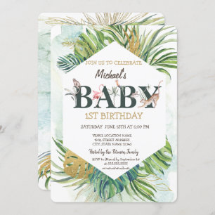 Wild Animals Greneery Palm Leaves 1st Birthday  Invitation