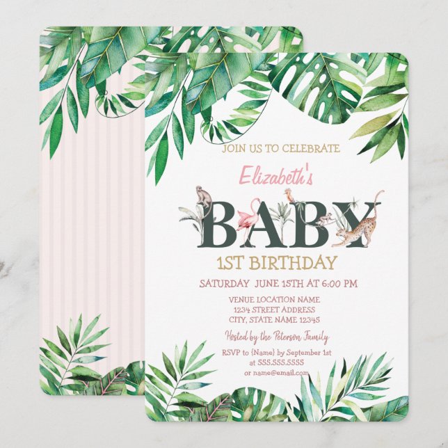 Wild Animals Greneery Striped Birthday   Invitation (Front/Back)