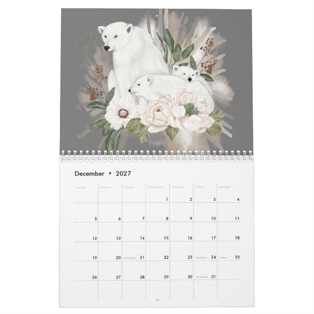 Wild Animals Grey Floral Winter Watercolor Calendar (Dec 2027)