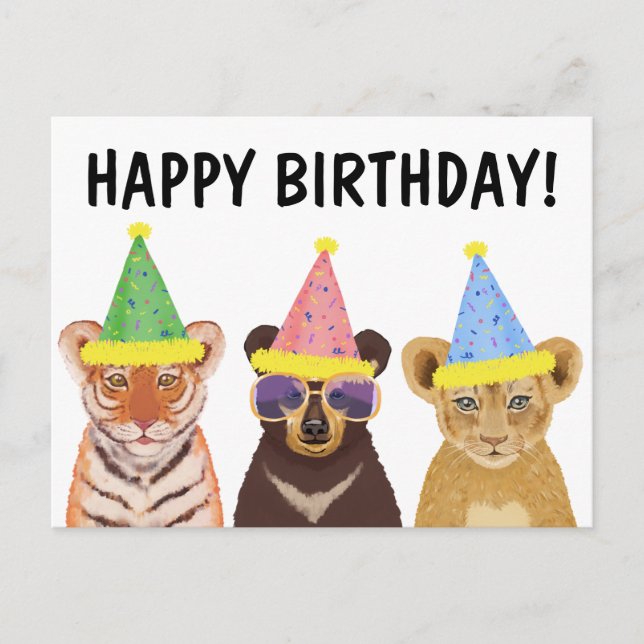 Wild Animals Illustration "Happy Birthday"  Postcard (Front)