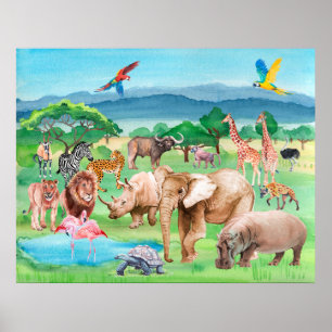 Wild animals of Africa on the background of the sa Poster