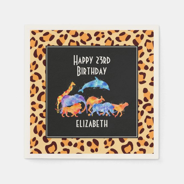 Wild Animals on a Leopard Print Pattern Birthday Napkin (Front)