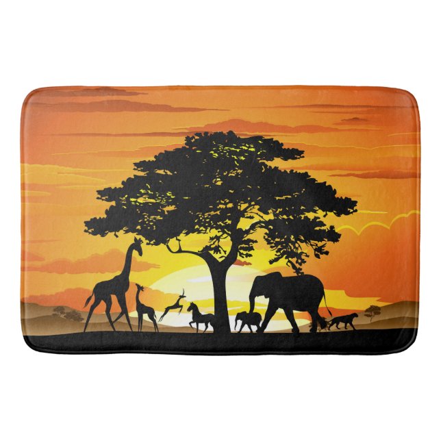 Wild Animals on African Savanna Sunset Bath Mat (Front)