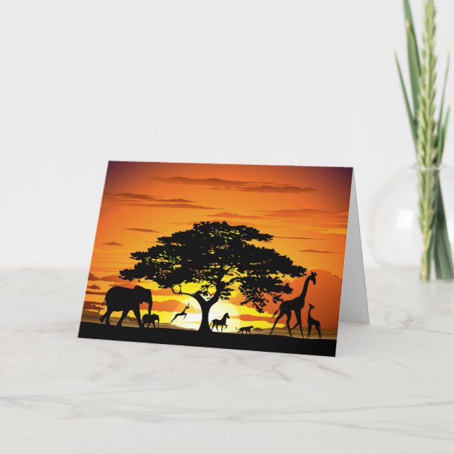 Wild animals on African Savanna Sunset Card (Front)