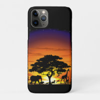Wild Animals on African Savanna Sunset