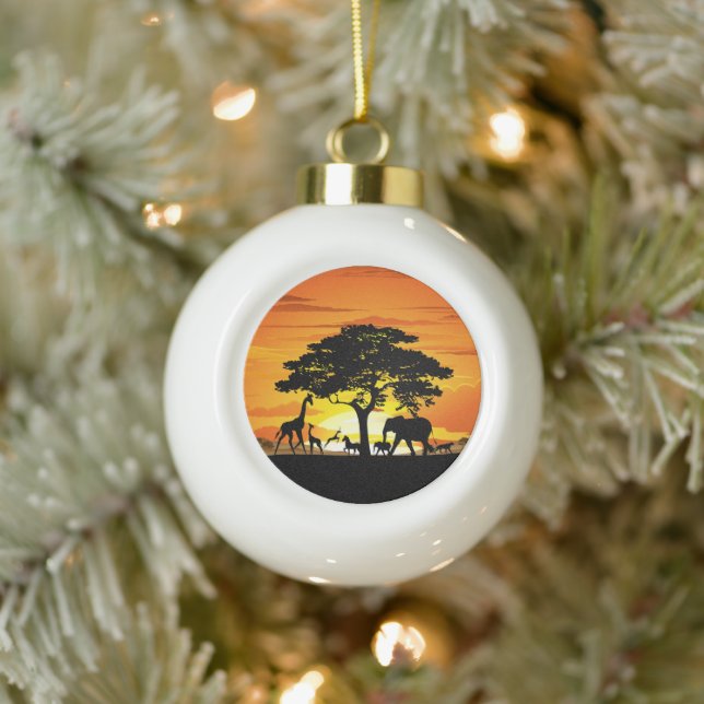 Wild Animals on African Savanna Sunset Ceramic Ball Christmas Ornament (Tree)