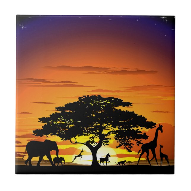 Wild Animals on African Savanna Sunset Ceramic Tile (Front)