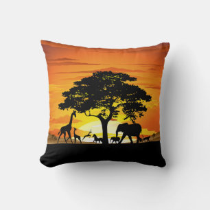 Wild Animals on African Savanna Sunset Cushion