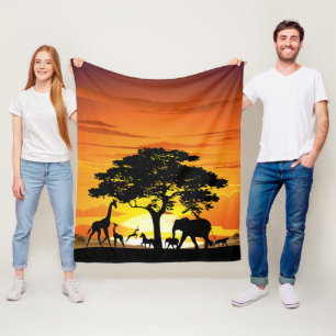 Wild Animals on African Savanna Sunset Fleece Blanket