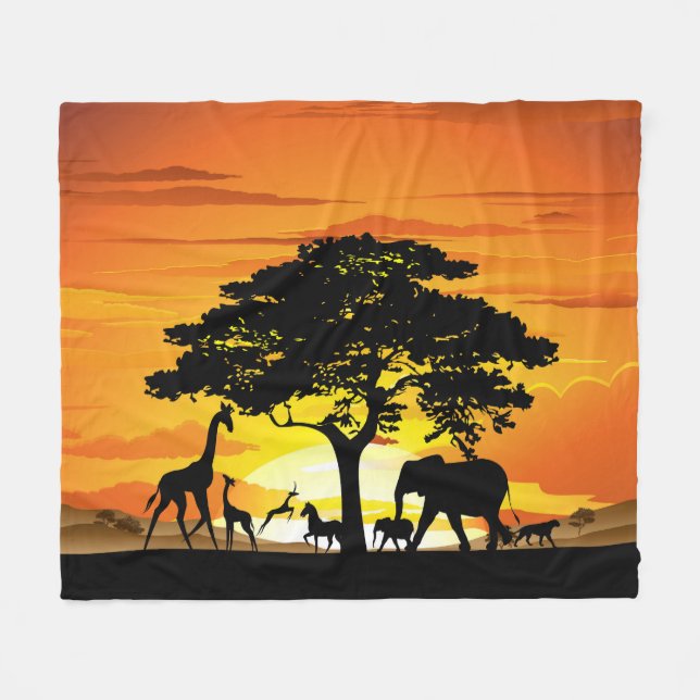 Wild Animals on African Savanna Sunset Fleece Blanket (Front (Horizontal))