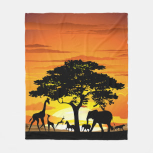 Wild Animals on African Savanna Sunset Fleece Blanket