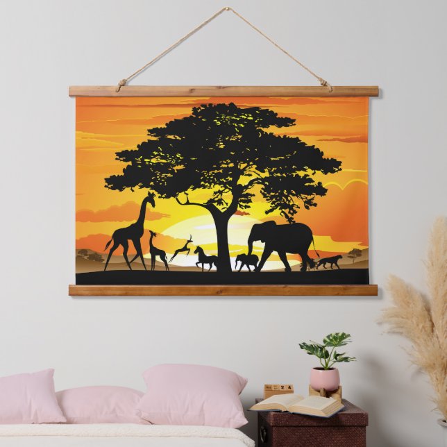 Wild Animals on African Savanna Sunset Hanging Tapestry (Bedroom)