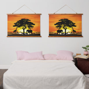 Wild Animals on African Savanna Sunset Hanging Tapestry