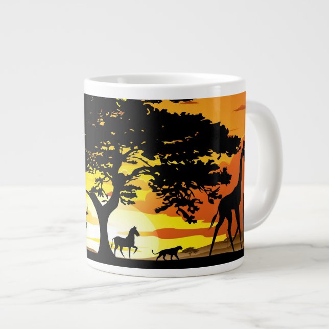 Wild Animals on African Savanna Sunset Large Coffee Mug (Front Right)