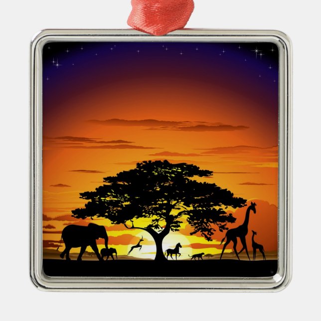 Wild Animals on African Savanna Sunset Metal Ornament (Front)