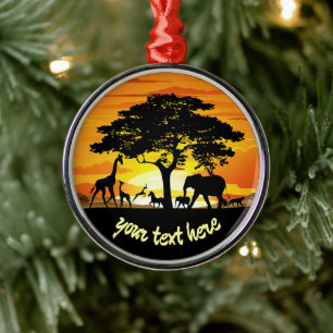 Wild Animals on African Savanna Sunset Metal Ornament