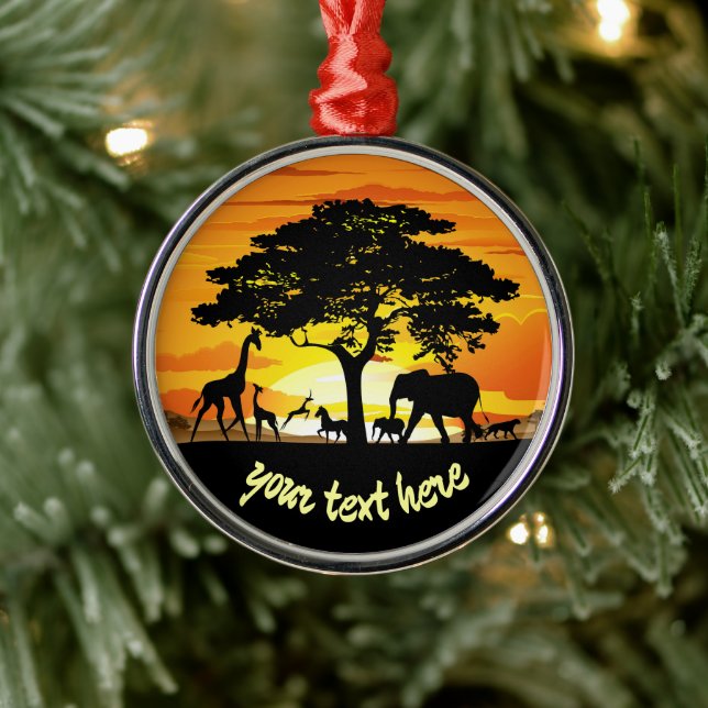 Wild Animals on African Savanna Sunset Metal Ornament (Tree)