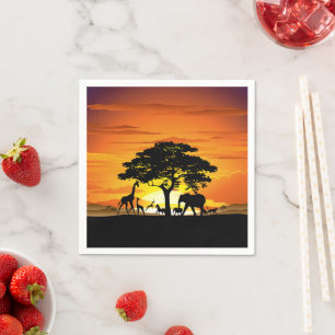 Wild Animals on African Savanna Sunset Napkin