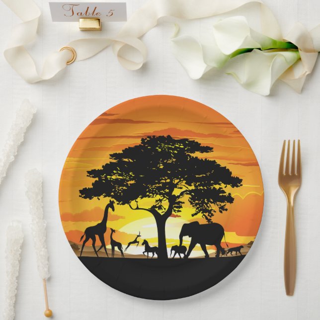 Wild Animals on African Savanna Sunset Paper Plate (Wedding)