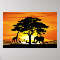 Wild Animals on African Savanna Sunset