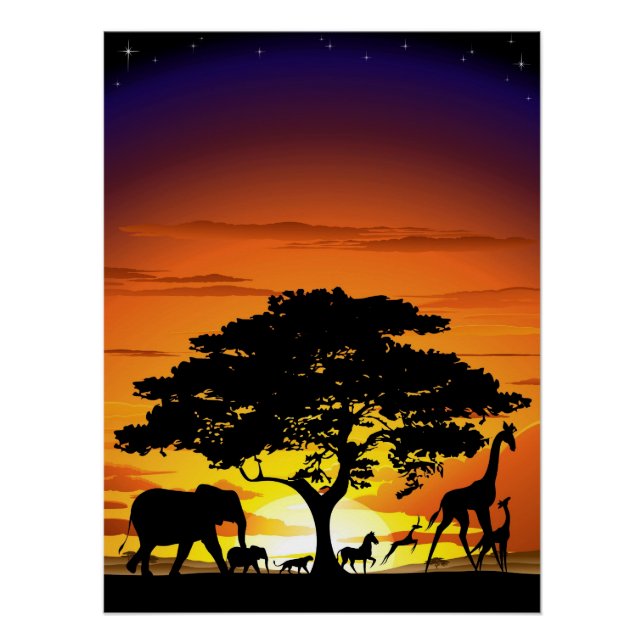 Wild Animals on African Savanna Sunset Poster (Front)