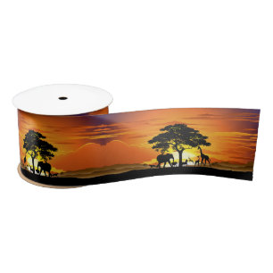 Wild Animals on African Savanna Sunset Satin Ribbon