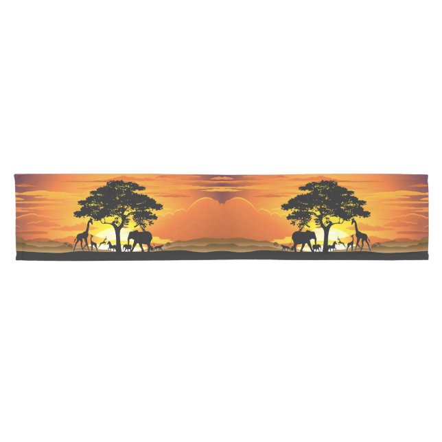 Wild Animals on African Savanna Sunset Short Table Runner (Horizontal)