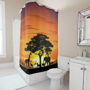 Wild Animals on African Savanna Sunset Shower Curtain