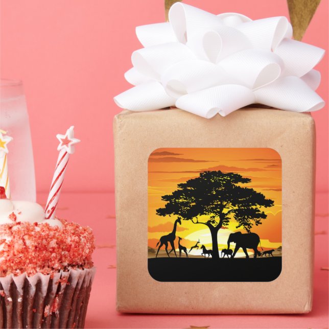 Wild Animals on African Savanna Sunset Square Sticker (Party)