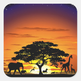 Wild Animals on African Savanna Sunset Square Sticker